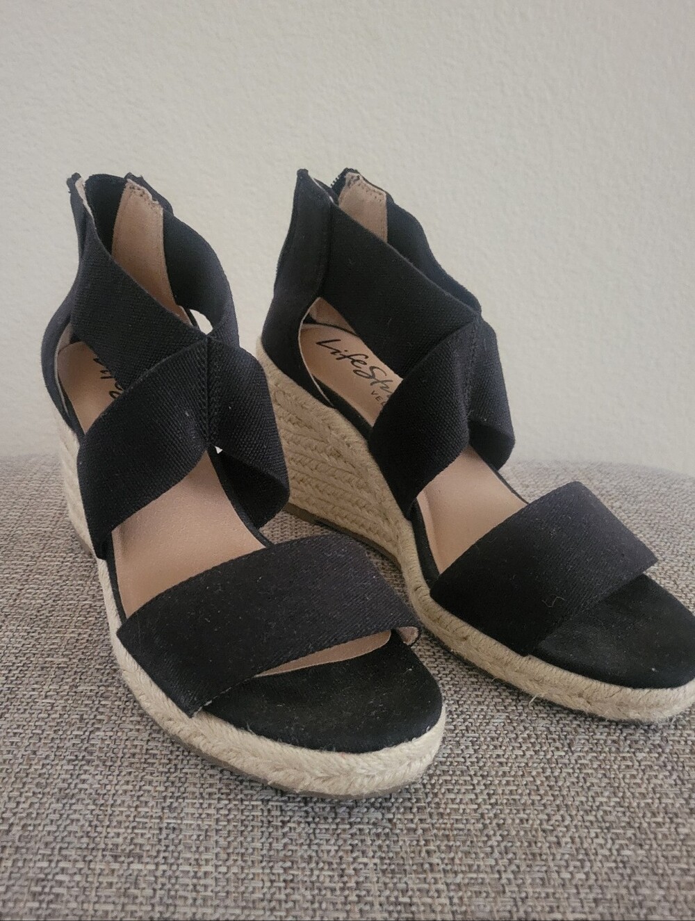 Life Stride Black Thrive Strappy Espadrille Wedge Sandals 6.5 Womens